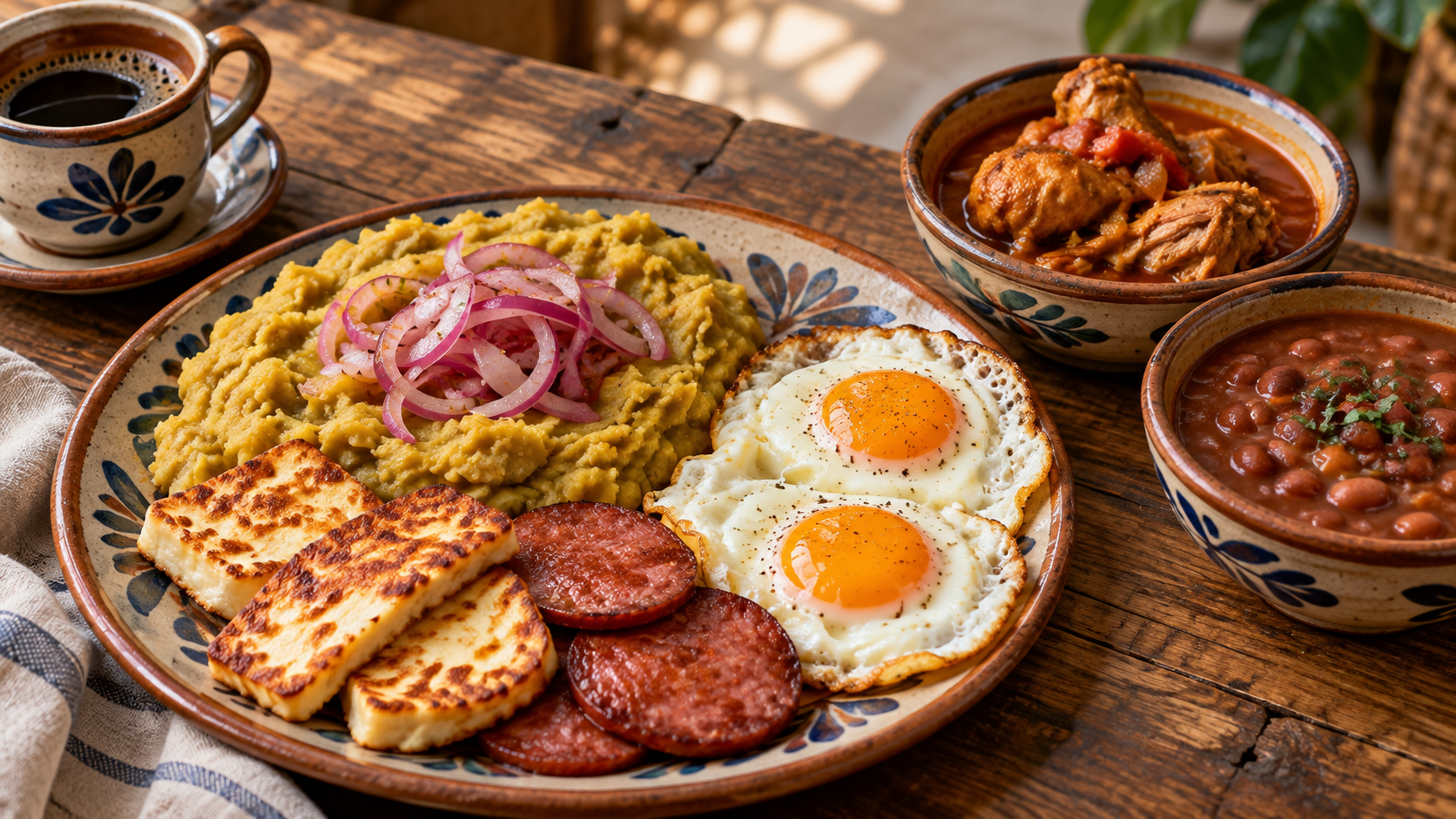 Illustrative overhead of a Dominican breakfast spread with mashed plantains, fried cheese, eggs and stews