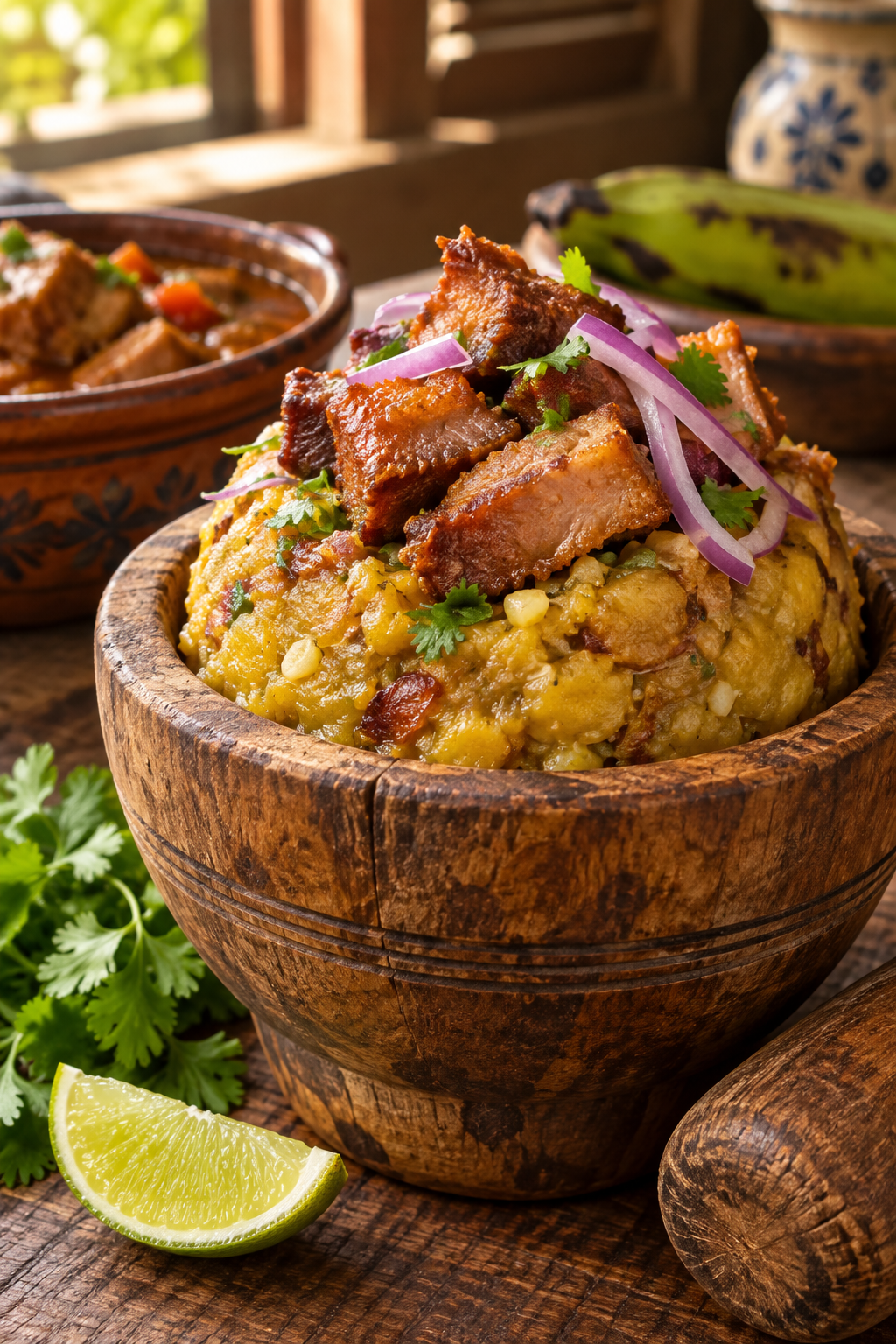 Illustrative close-up of mofongo in a wooden mortar bowl with fried pork and lime